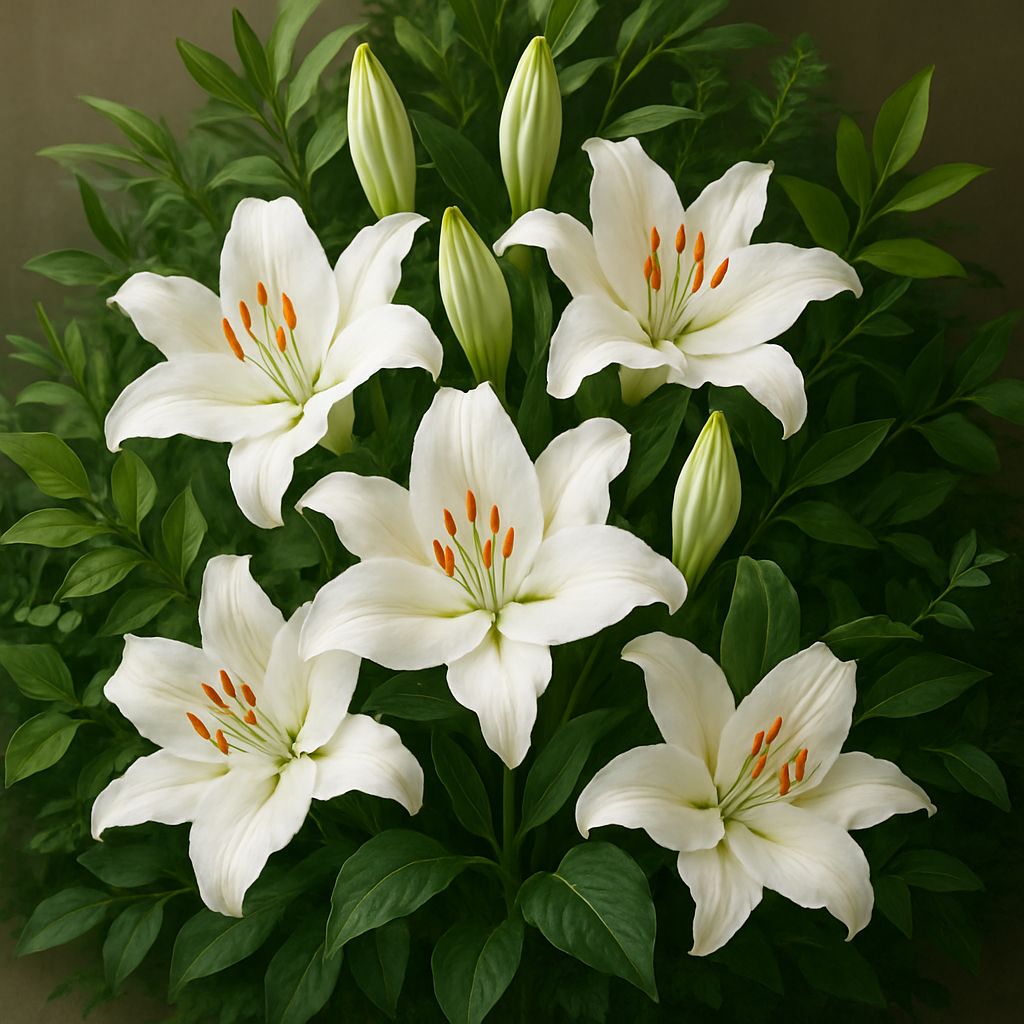 A striking arrangement of white lilies with green foliage.